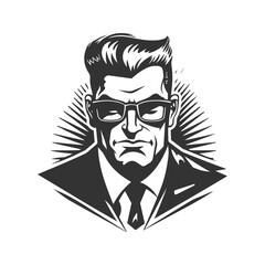 agony cleaver wearing sunglasses, vintage logo line art concept black and white color, hand drawn illustration