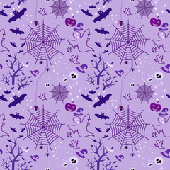 Happy Halloween. Seamless pattern with pumpkins, skulls, spider's web, ghosts, monsters, witch hat. Trick or treat. Vector illustration. Background.