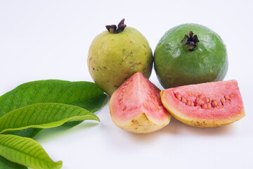 Close-Up of fresh red guava on white background and leaves. isolated red guava
