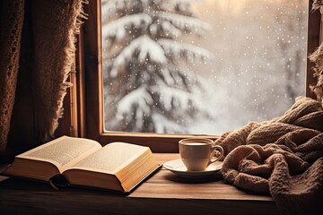 A comforting winter scene featuring a cup of hot tea and an open book placed on a vintage windowsill, covered by a cozy plaid blanket. This picture is set against the snowy landscape outside.