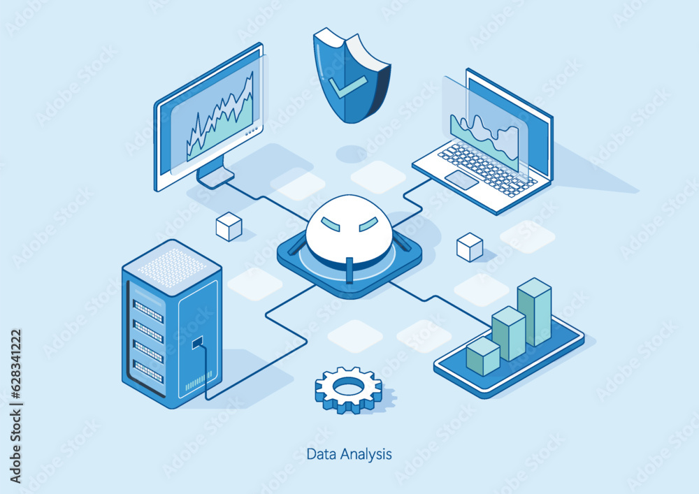 Poster isometric data analysis. modern digital graphics and charts analyzing statistics. 3d datacenter or d
