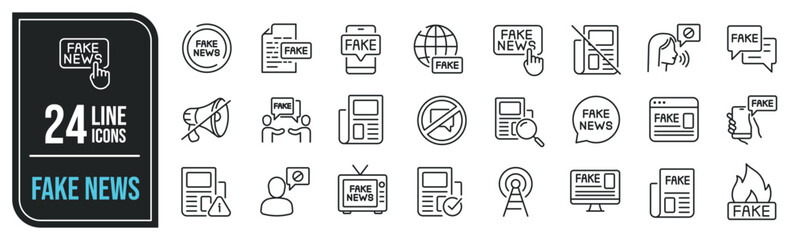 Fake news minimal thin line icons. Related hoax, propaganda, press, news, statement. Editable stroke. Vector illustration. - obrazy, fototapety, plakaty