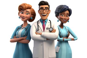 3D cartoon character smiling group of doctors and nurses  standing together with arms crossed, isolated on white and transparent background, ai generate