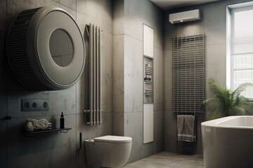 A bathroom ventilation fan incorporated into the contemporary interior design of an apartment.