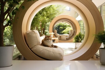 A lovely feline is situated inside a pet enclosure within a contemporary indoor area of a home.