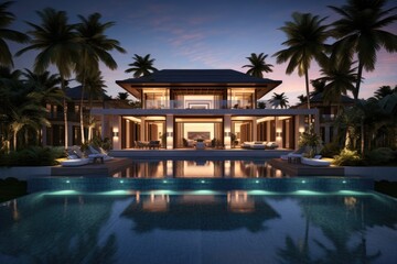A high-end residence featuring a pool, situated in a luxurious villa resort in a tropical setting. - obrazy, fototapety, plakaty