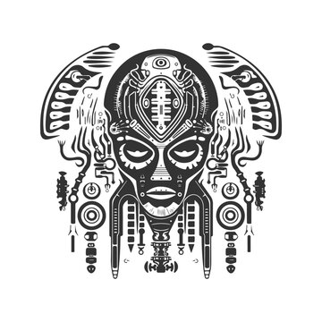 alien artifact, vintage logo line art concept black and white color, hand drawn illustration