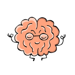 Happy healthy brain mind character, meditation yoga relax. Health brain mental organ sit in lotus, keep calm
