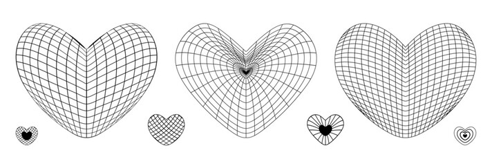 Set of black wireframe heart shapes on white background. Futuristic cyberpunk grid figures. Y2K retro style. Vector design elements. Love or cardiology concept