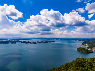 blue sky and white clouds,Aerial photography of Qiandao Lake landscape, Hangzhou, China