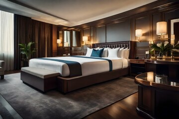 Stylish luxury interior of a contemporary room with a comfortable master bed , master bedroom