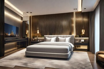 Stylish luxury interior of a contemporary room with a comfortable master bed , master bedroom