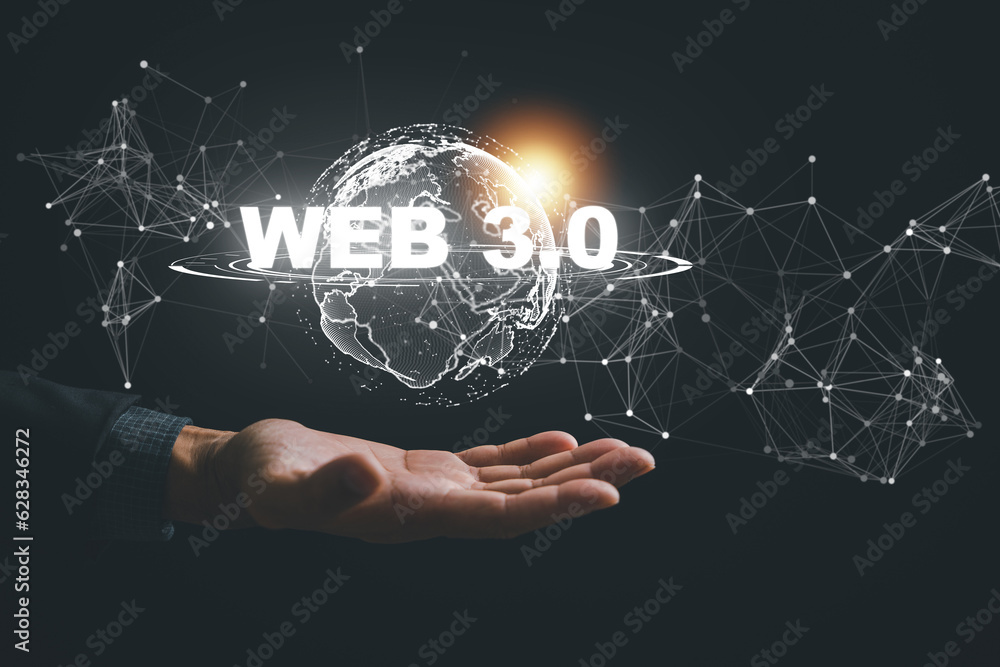 Poster businessman in a suit personifies the dynamic web 3.0 concept, underscoring the seamless integration