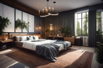 Modern, glass vase in a bedroom interior and a double bed in the background with wool blanket and colorful pillows