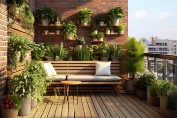 Fototapeta na wymiar A contemporary balcony garden featuring a brick wall, a wooden bench, and various types of plants.