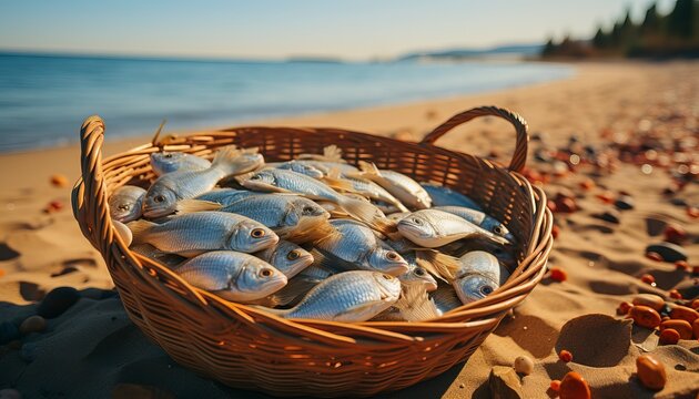 fresh fish in a basket on the beach