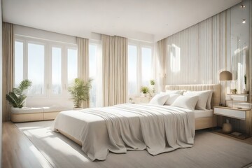 Stylish interior of contemporary room with comfortable white bed