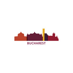 Romania Bucharest cityscape skyline capital city panorama vector flat modern logo icon. Eastern Europe region emblem idea with landmarks and building silhouettes