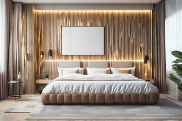 Stylish luxury interior of modern room with comfortable white bed and a wall canvas art