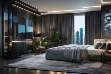 Stylish luxury interior of a contemporary room with comfortable bed