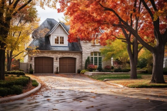 A home located in the suburbs of Dallas-Fort Worth in North America, featuring an attached garage and being a single-detached dwelling. The surrounding area showcases vibrant autumn foliage.