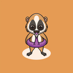 cute slow loris wearing duck floater cartoon illustration