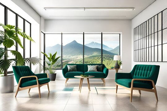 Simple urban jungle style interior with gray chairs, green plaid, tropical pattern pillows and plants on white wall background. 3D renders.