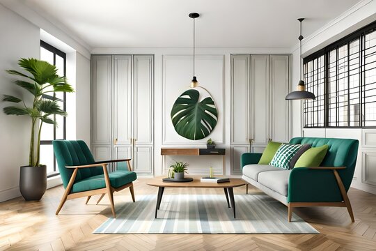 Simple urban jungle style interior with gray chairs, green plaid, tropical pattern pillows and plants on white wall background. 3D renders.