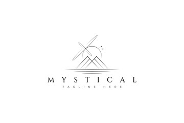 Letter M Abstract Landscape Night View Mountain and Orbital Eclipse Illustration  Logo Sacred Geometry