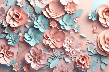 3d render, digital illustration, abstract colorful paper flowers, quilling craft, handmade festive decoration, vivid floral background, mint pink yellow