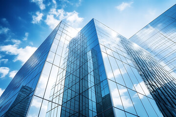 Fototapeta na wymiar a modern glass tall building with sky reflection Generative AI