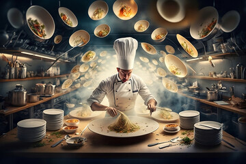 A chef in a busy restaurant kitchen, trying to prepare multiple dishes at once.