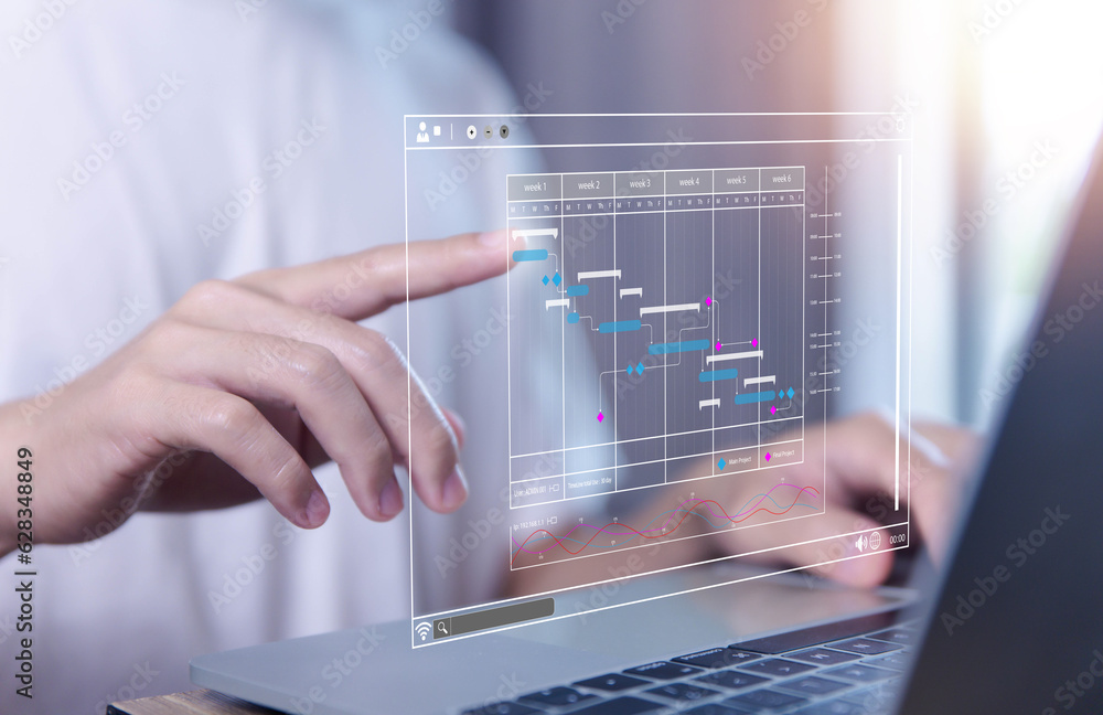 Poster business manager managing business planning project schedules in the office. gantt chart showing on 