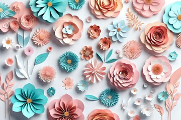 3d render, digital illustration, abstract colorful paper flowers, quilling craft, handmade festive decoration, vivid floral background, mint pink yellow