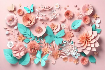 3d render, abstract cut paper flowers isolated on white, botanical background, festive floral arrangement. Rose, daisy, dahlia, butterfly and leaves in pastel color palette. Simple modern wall decor