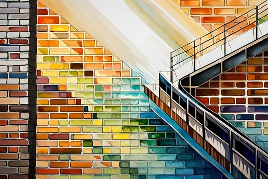 Multi color art image painting of a brick wall with stairs,  by Generative Ai technology