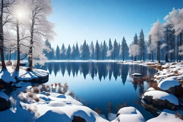  AI Generated lake view with forest and river in winter background