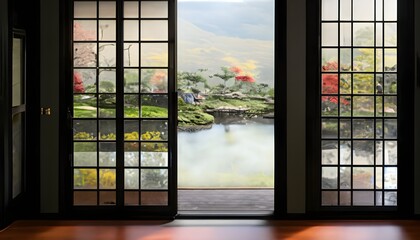 view from window of a building,lake flowers view , Ai generated 