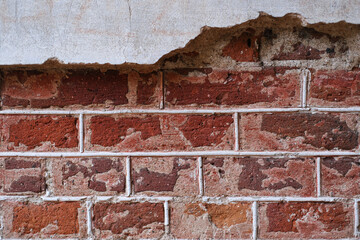 Destroyed Grey Concrete and Red Brick wall, copy space for text