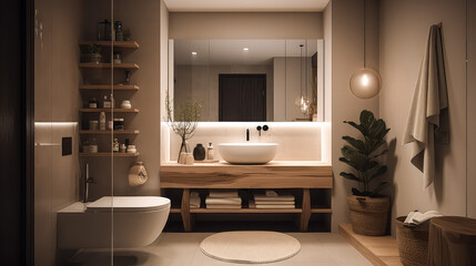 Fototapeta na wymiar 3D Render Bathroom Concept, Creating a Beautiful and Relaxing Clean Home: Design for the Bathroom Ideas and Resident's Relaxation in Day Light