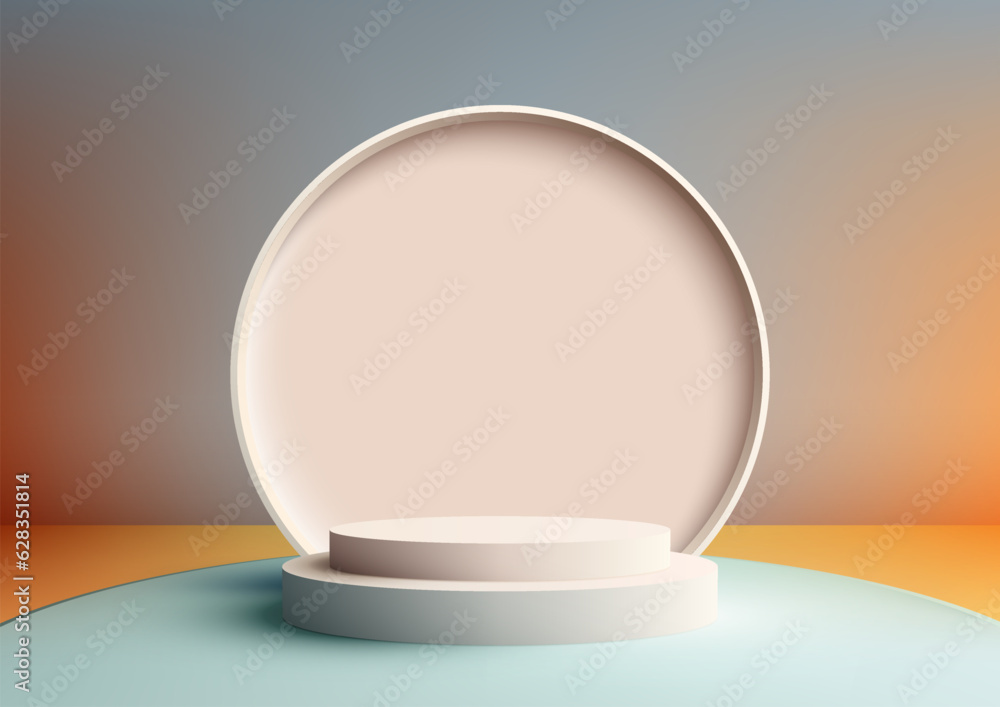 Poster 3d realistic beige podium with circle backdrop on soft blue floor and gradient background