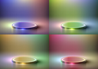 Vibrant Neon Color Podium Stand in a Modern Studio Room. 3D Realistic Tech Concept