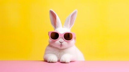 Fototapeta premium Funny rabbit wearing sunglasses on yellow pastel color background. Generative AI.
