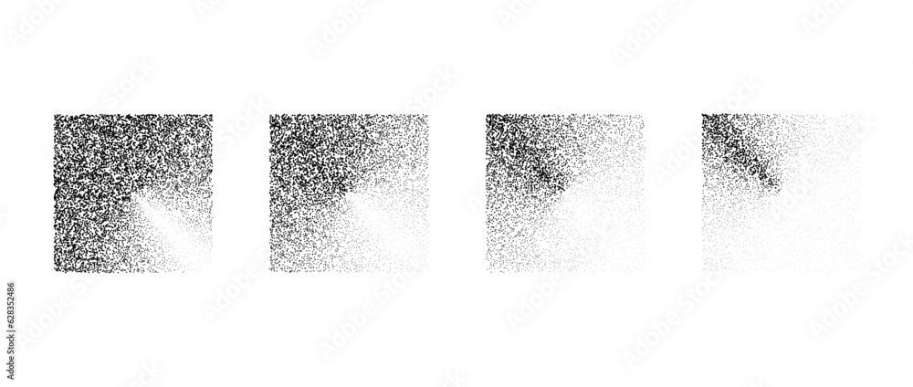 Poster Fading square gradient set. Black dotted texture element collection. Stippled shade object pack. Noise grain dotwork shapes. Radial halftone effect bundle. Vector illustration