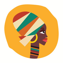 Pretty African Girl in traditional turban. Profile view.Beautiful black African woman in ethnic dress with tribal ornaments. Africa theme. Poster or card template. 