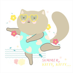 Summer Time Cute Cat. Design for Web, Mobile, Card, Sticker, T-Shirt, Textile Shopper Bag and Other Garment.