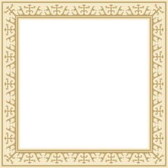 Vector golden square Kazakh national ornament. Ethnic pattern of the peoples of the Great Steppe, Mongols, Kyrgyz, Kalmyks, Buryats. Square frame border..