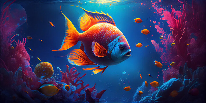 Fantasy underwater seascape with colorful fish Ai generated image