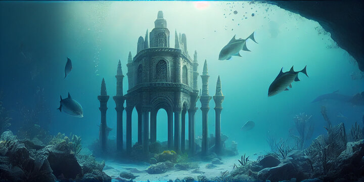 Fantasy underwater seascape with lost city and fish Ai generated image
