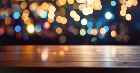 Empty wooden table top in front of abstract blurred background with garlands of lights, for product display in cafe